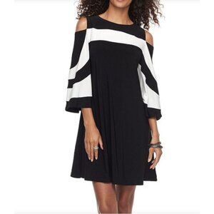 Nina Leonard Black & White Cold Shoulder Dress +Pockets Size 3X 22 24‎ Plus Size